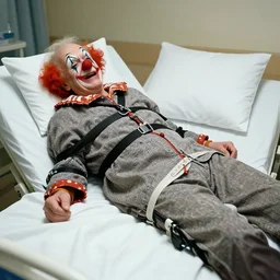 delirious elderly clown supine in hospital bed, strapped into bed with restraints, trying to get out but unsuccessful, photograph, 8 k