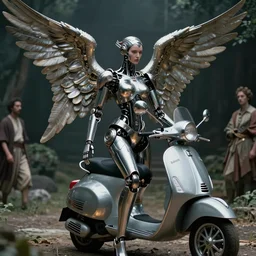 still frame from Prometheus movie by Makoto Aida, biomechanical vespa angel gynoid, metal couture by neri oxmn and Guo pei, editorial by Malczewski and by Caravaggio