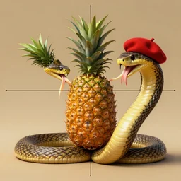 a royal pineapple in the process of being swallowed by a snake which is wearing a red beret, vertical symmetry, golden ratio, highly detailed, digital painting, 8 k, detailed, hyper realistic, artstation, unreal engine