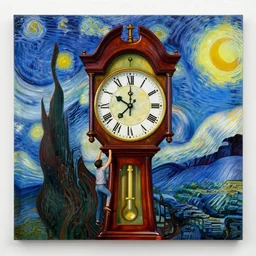climbers ascending the massive grandfather-clock, neon acrylic hexhue painting by Edvard Dali Van Gogh, Surrealism, trending on ArtStation