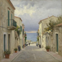 view of a Mediterranean street that ends at the seaside, overcast dawn, painting by thomas cole craig mullins thomas kinkade