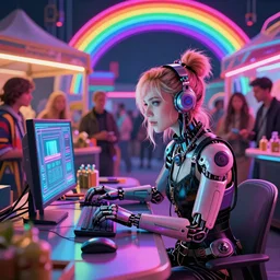 cyberpunk goth girl emma stone cyborg working on cyberpunk computer in cyberpunk farmers market by william barlowe and pascal blanche and tom bagshaw and elsa beskow and enki bilal and franklin booth, neon rainbow vivid colors smooth, liquid, curves, very fine high detail 3 5 mm lens photo 8 k resolution