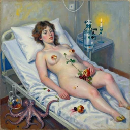 pig, portrait of a female art student in a hospital bed, sensual, wilted flowers, squashed berry stains, octopus, scientific glassware, eating rotting fruit, oxygen tank, candlelight, neo - impressionist, surrealism, acrylic and spray paint and oilstick on canvas