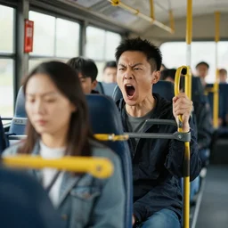 a man sitting in the woman's section of the bus, being yelled at by different women, cartoon by Ben garrison