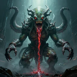dramatic portrait of a roaring cthulhu, saliva, cyber punk, symmetry, post apocalyptic setting