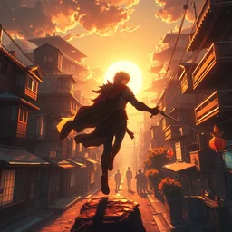 the chosen hero, detailed, beautiful, golden hour, tokyo suburbs, digital art, artstation