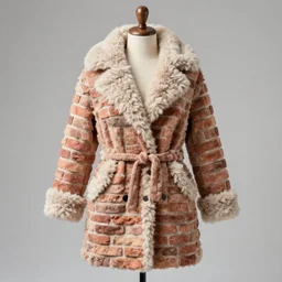 a beautiful winter coat made out of a brick fireplace, on a mannequin. high quality, high resolution, studio lighting