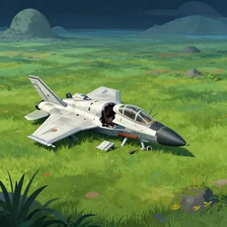 next to a crashed fighter spacecraft, on an alien grassland, from a space themed point and click 2 d graphic adventure game, set design inspired by marco bittner rosser, art inspired by thomas kinkade