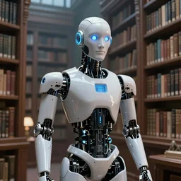 an artificial intelligence robot designed by the elder gods in a library hyperealistic very colourful hdr cinematic lighting cgi render photorealistic cinematic