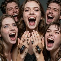 multifaceted detailed!!! insects eyes, emerging hands and beautiful aesthetic women ’ s and men screaming laughing and crying face, full colour, upscale, 8 k, masterpiece