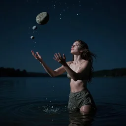 young beautiful woman tossing stones on water with starry sky above and dark abyss below, trending on artstation, trending on deviantart, cinematic lighting, high detail, 8 k upscaling, art by jessica rossier and and brian froud