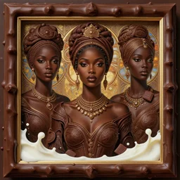 stunning nigerian goddesses of chocolate framed portrait, caboose chocolate chip, chocolate tabs, milk, fantasy, intricate, elegant, highly detailed, digital painting, artstation, concept art, smooth, sharp focus, illustration, art by krenz cushart and artem demura and alphonse mucha and tony sandoval