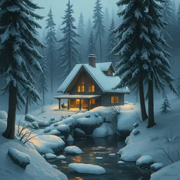 snowy cozy home by a small river in a forrest in canadian mountains, by philippe gare, artstation, greg rutkowski
