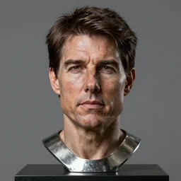 studio photograph of hyperrealistic accurate portrait sculpture of tom cruise, beautiful symmetrical!! face accurate face detailed face realistic proportions, made of polished steel plate armor on a pedestal by ron mueck and frank frazzetta, hyperrealism cinematic lighting shocking detail 8 k