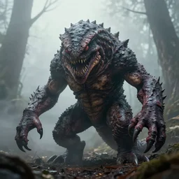 real life pokemons, creepy!!!, scaly!!!, gritty!!!, menacing!!!, evil, ultra realistic, gritty, morning, fog, volumetric lighting, sharp focus