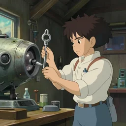 a wholesome animation key shot of a focused space engineer repairing an old spaceship in a workshop garage, medium shot, waist up, studio ghibli and disney animation, sharp, rendered in unreal engine 5, anime key art by greg rutkowski, bloom, dramatic lighting