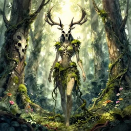 female form forest spirit standing in the woods, skull, branch antlers, moss, vines and flowers, totem, light rays, high detail, cinematic lighting, anime, manga, watercolor, by greg rutkowski,