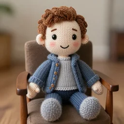 knitted doll ryan gosling sitting on a chair, lethal preservation, proportions, high quality, realism, foreground focus,