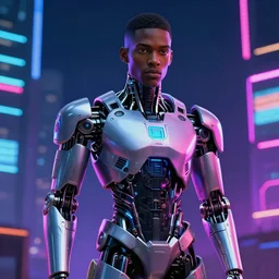Beeple art of a beautiful black male cyborg, neon cyberpunk