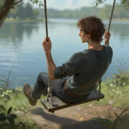 playing on a swing rope next to a lake, deep focus, intricate, highly detailed, digital painting, artstation, concept art, matte, sharp focus, illustration, art by artgerm and greg rutkowski