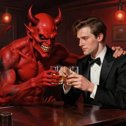 portrait of a devil monster and a handsome gentleman toasting with whiskey in a pub, red black and white and red colors, film noir, establishing shot, highly detailed, digital painting, artstation, concept art, smooth, sharp focus, illustration, Unreal Engine 5, 8K, art by artgerm, realistic painting