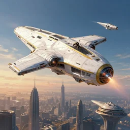 hornet shaped mothership entering atmosphere, art by nick hiatt and zhu wenzhe, scifi, fleet of space ships, metropolis, coruscant, cinematic, white, gold, blue, futuristic, sunset, illustration, mysterious, artstation, highly detailed