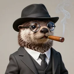 anthropomorphic otter wearing a hat, a suit and a monocle, smoking a cigar, semi realistic digital art