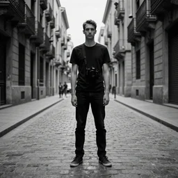 dslr tall figure standing at the end of a barcelona cobbled road, noir, 1 8 9 0 film