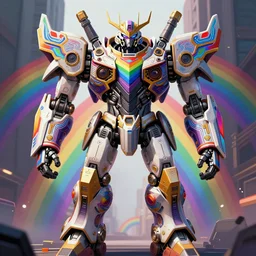 A digital matte intricate illustration concept art of collosal robot mech Ed-209 at a Pride Parade inspired art + rainbow colors, symmetry , intricate complexity, epic composition, highly detailed, cinematic lighting + masterpiece, trending on artstation + 8k
