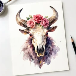 watercolor painting of scull with horns on forehead and roses on white paper, full face, bright, white table, white walls