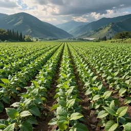 rows of lush soybean crops, mountains in the background, detailed digital 2d fantasy art