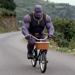 film still of thanos as brand riding a very small bicycle with a basket down a steep mountain road in the goonies 1 9 8 5