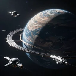 a trisolaris space system with only one planet, starships going away from planet, sci-fi, iper realistic, glow, space, no man's sky style