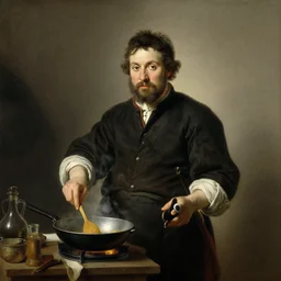 A portrait painting of Alex French Guy Cooking by Rembrandt van Rijn