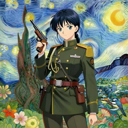 beautiful anime goddess dressed as a military officer holding a gun, well - rendered, extra crisp, illustration pattern background with bizarre compositions and blend of flowers, fruits, birds by beto val painted by van gogh