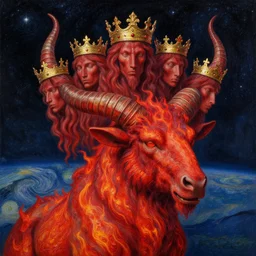 diadems, crowns, crowns on a ten horned beast with seven heads, fiery red, detailed, intricate, matte painting by Rob Gonsalves and James Gileard, in background starry night sky and distant earth
