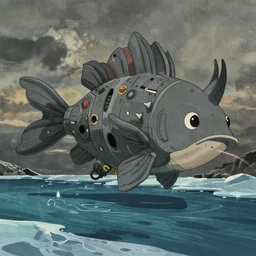 cell shaded cartoon of a giant lovecraftian mechanized grey sunfish from howl's moving castle ( 2 0 0 4 ), in an icy river, full body, wide shot, very muted colors, post grunge, studio ghibli, highly detailed, deviantart, art by artgem