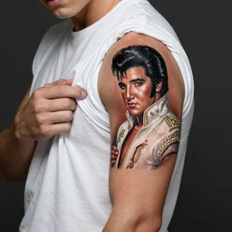 Young Elvis Presley pulling up his sleeve to reveal a detailed tattoo of Old Elvis Presley on his upper arm, realistic airbrush art, octane render, 8k, post processing