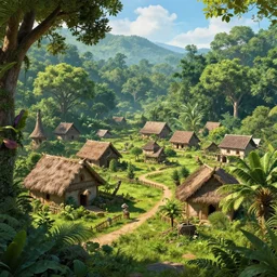 a medieval village in a jungle,bright,hyper realistic