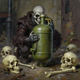 grim oil painting of poisoned deadly gas, human skulls and bones on street, octane rendering, trending on artstation, studio ghibli, michael whealan and james gurney