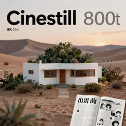 Cinestill 800t, 8K, 35mm; beautiful ultra realistic minimalistic lloyd wright (1950) film still scene, 2000s frontiers in magnesium based architecture magazine September wes anderson style seinen manga edition, highly detailed, extreme closeup three-quarter scene, tilt shift desert background, three point perspective, focus on mountain cottage;sunset;wide;foliage, soft lighting