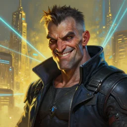 an intimate portrait of a gnarly human cyberpunk captain, old skin, friendly, charming, strong leader, a look of cunning, big smile, detailed matte fantasy painting, golden cityscape, lasers, sparks, yellow and blue and cyan