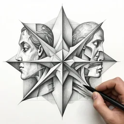 logic of the spirits, concept art, hand drawn, pencil, pen art, black ink, detailed, geometric, high precision drawing