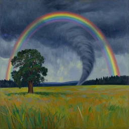 empty field, tornado, rainbows, night sky, single tree, sequoia, in the style of david hockney