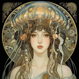 portrait of a beatiful young goddess with intricate jellyfish headdress, dark background, intricate hyper detailed art by ernst haeckel and alphonse mucha,