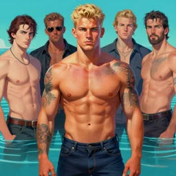 handsome tattooed blonde gym bro by the water, synthwave painting by artgerm, gaston bussiere, craig mullins, j. c. leyendecker, tom of finland