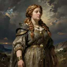 female dwarven noblewoman, chubby short stature, braided intricate hair, by gustave dore