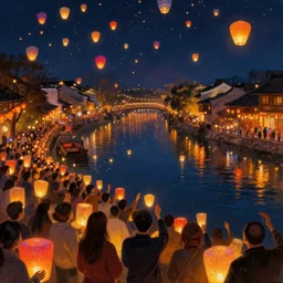crowd watching paper-lanterns glowing in many colors, floating in a river at night. beautiful digital detailed landscape painting, matte painting trending on artstation