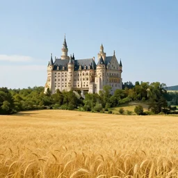 A magnificent castle perched atop a hill in an idyllic valley, with a sprawling field of golden grain —n 4