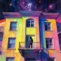 concept art of a person standing on a balcony in front of a multicolored building, a photo by mike winkelmann, sci - fi, cosmic horror, synchromism, chromatic, vivid colors, colorful